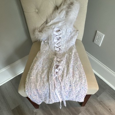 White Sequin Satin Bodycon Dress, One Shoulder, Feather Trim, Lace-up,  Short | eBay