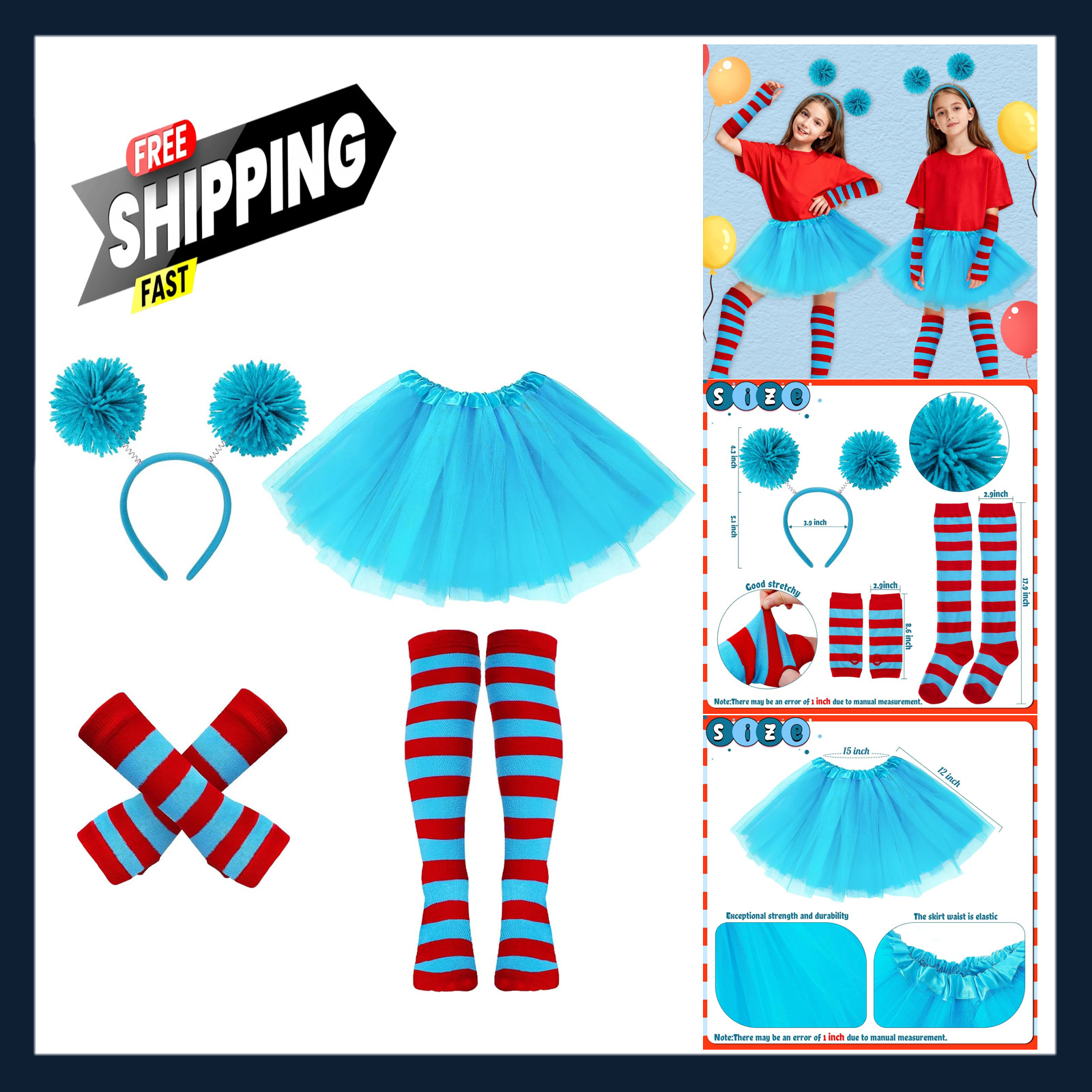 Girls Halloween Costume Set, Tulle Tutu Skirt with Pom Pom Headband, Socks and