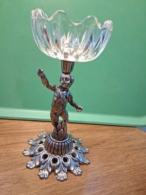 Metal Man' S Statuette  Sculpture Carring a Crystal Bowl ON His Head.It Is 7''×4''