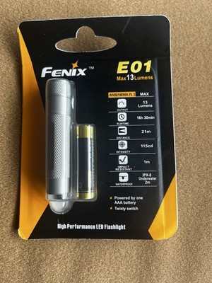 Fenix E01 LED Flashlight Waterproof Impact Resistant AAA Battery Grey 13 Lumens