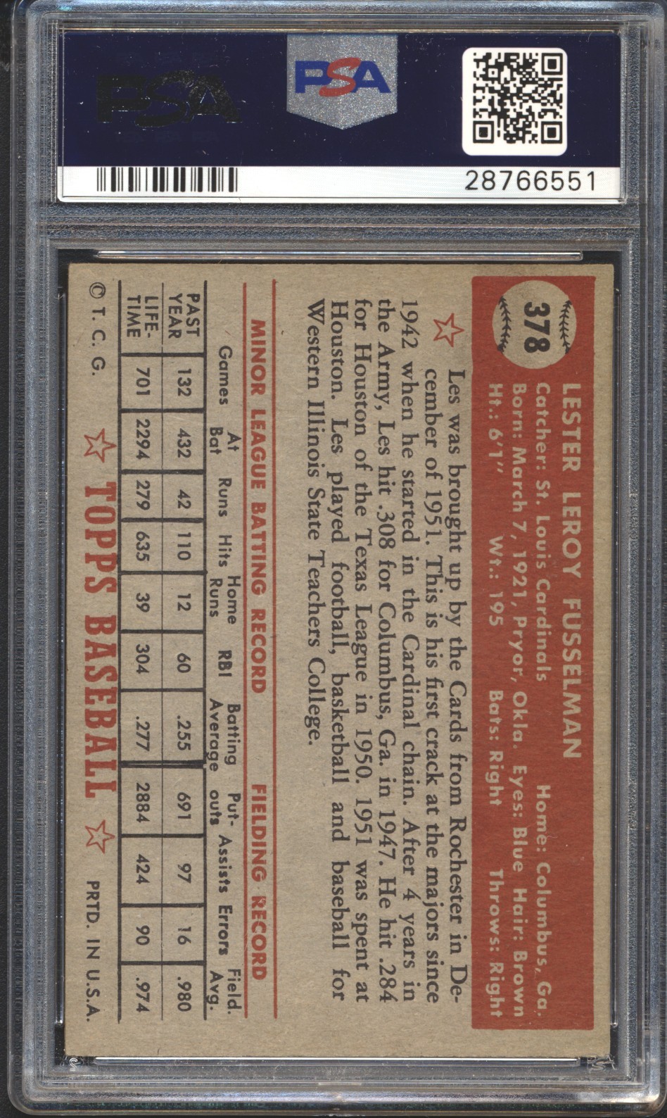 1952 Topps Baseball Les Fusselman RC #378 PSA 4 CARDINALS High Number SET BREAK view 2