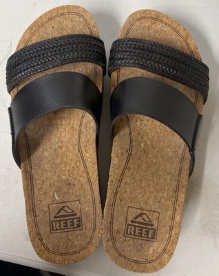 Reef Women's Black Brown Braided Slip-On Flat Straps Cork Insole Slide Sandals