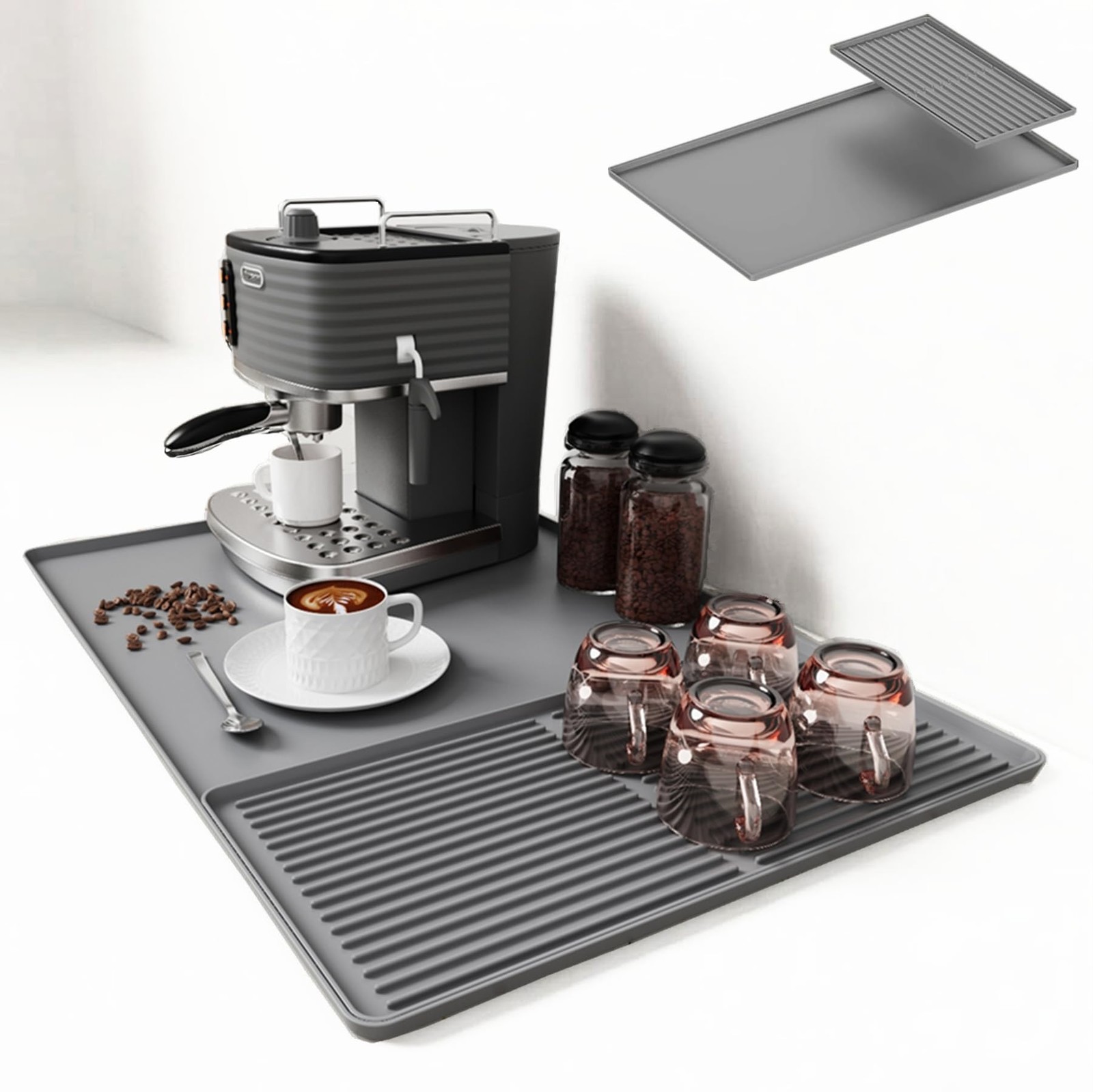 Silicone Coffee Mat Espresso Bar with Detachable Dish Drying - Fits Under Maker