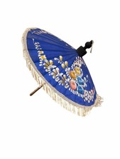 Vintage Blue Hand-Painted Floral Parasol Umbrella Fringe Asian Boho D cor