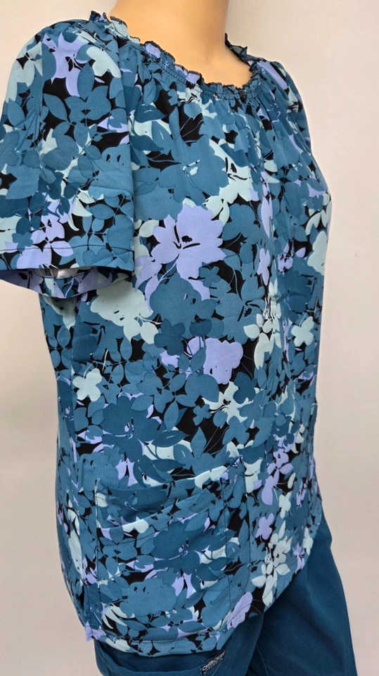 NWT Women Scrub Top Butter-Soft by UA Pocket  L Caribbean Teal Polyester Stretch - Image 2 of 4