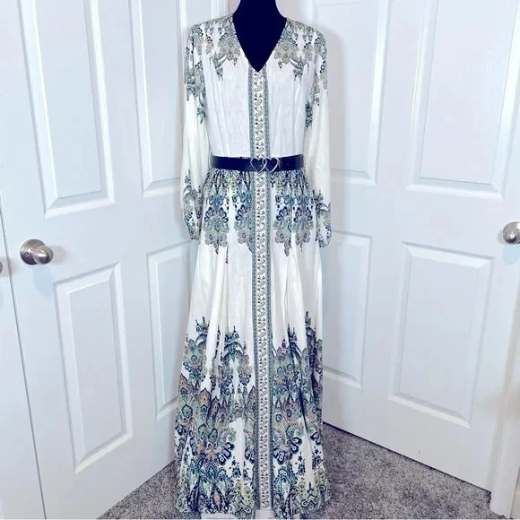 Maxi Vestido VENUS The Tie Waist Lino Multicolor Cuello en V (Falta Cinturón) Talla 10 Foto 2 de 4