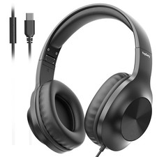 Black 2025 USB Type C Wired Headphones, Over-Ear, Mic, Volume Control, Foldable