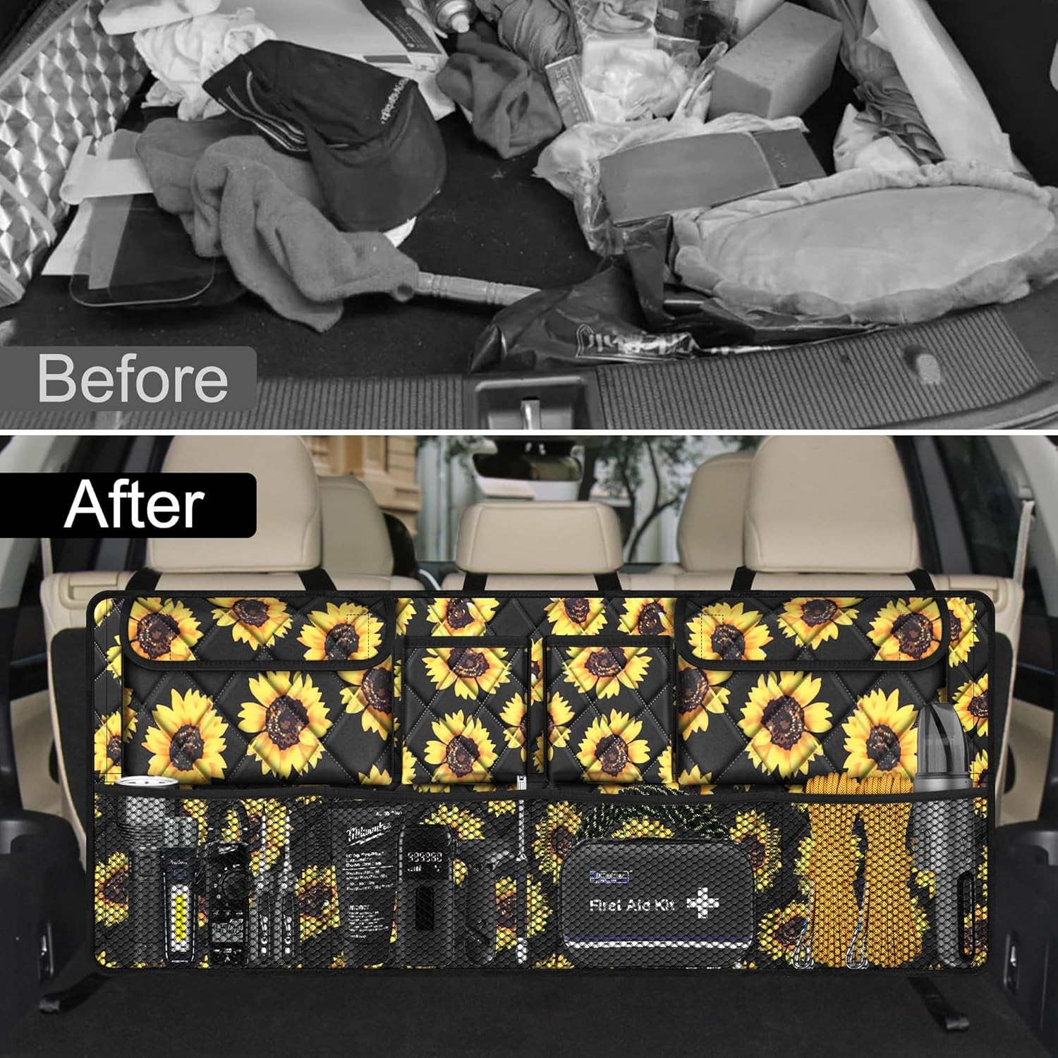 Femuar Car Trunk Organizer,Large Capacity Backseat 42*18 In, Sunflower 