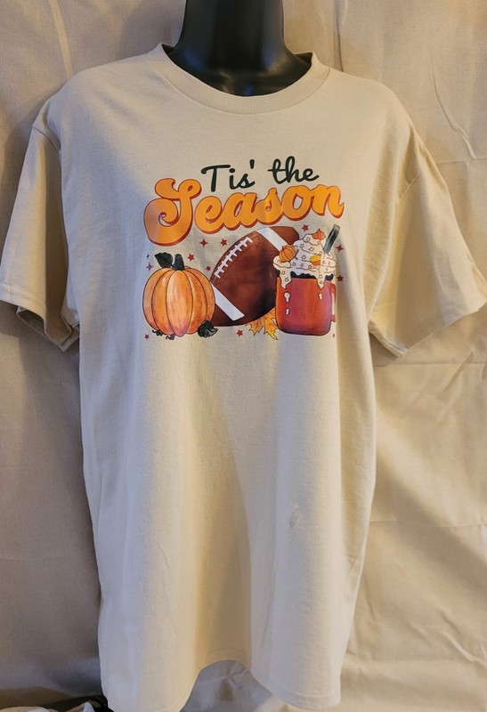 Beige Graphic Print Football Pumpkin Autumn Jersey T-Shirt Size L womens 