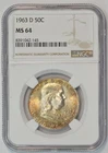 1963 D Franklin Silver Half Dollar Sunset Toning MS 64 NGC 50C US COIN
