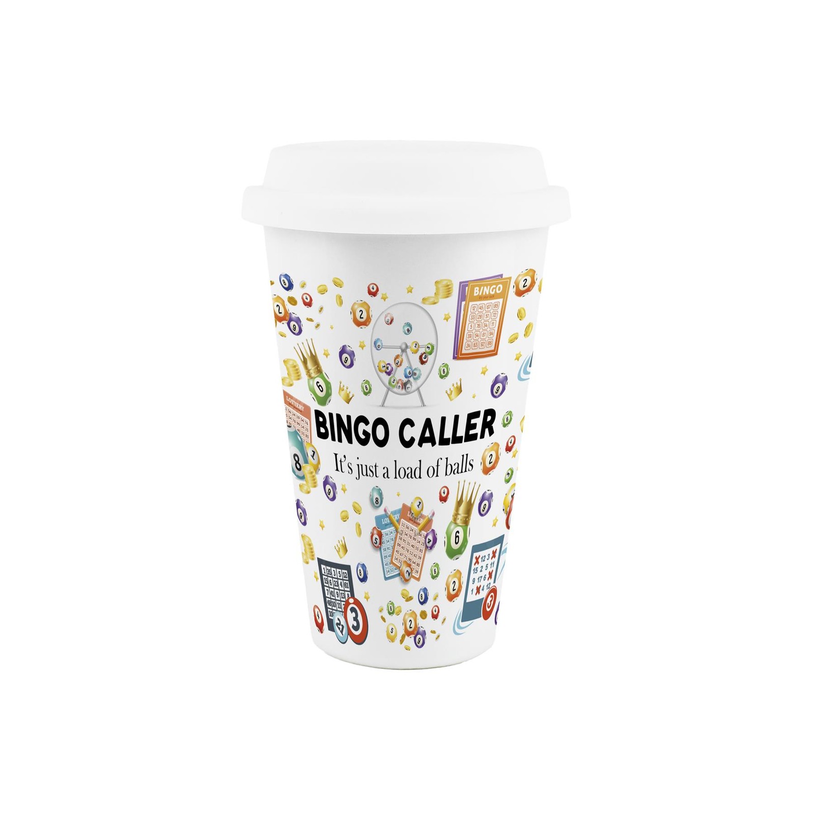 Bingo Caller Ceramic Travel Mug - Novelty Trades Reusable Drinks Cup Gift