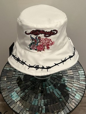 Ed Hardy Women s White Bucket Hat OS Pink Cheetah Skull Wings Roses Canvas NWT