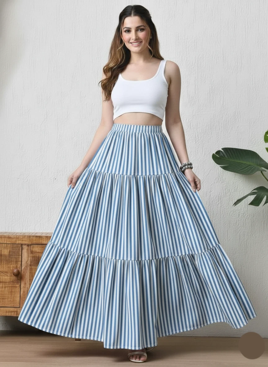 Indian Turquoise Striped Long Frill Skirt Cotton Skirt Women's Clothing Skirt US
Opens in a new wind