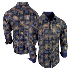 Mens Shirt Black Italian Striped Gold Metallic Foil Floral Silky Stretch Button