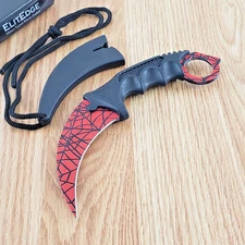 ElitEdge Fixed Red Knife 3.5" Stainless Steel Karambit Blade Black ABS Handle