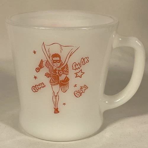 Vintage Batman with ROBIN Boy Wonder FIRE KING Mug Anchor Hocking Milk Glass 60s