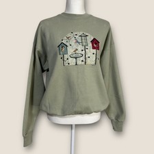 Vintage Birdhouse Embroidered Sweatshirt   Sage Green Cottagecore