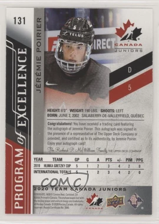 2020 Team Canada Juniors Program of Excellence Autos Jeremie Poirier #131 Auto - Image 2 of 2