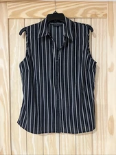 Women’s Sleeveless Top Blouse Button Front Size Large Black White Vertical Strip