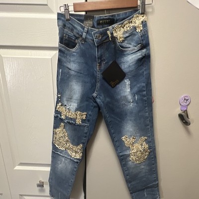 OLYSS Women s Blue Denim Jeans, Medium Wash, Lace Accents, 5-Pocket