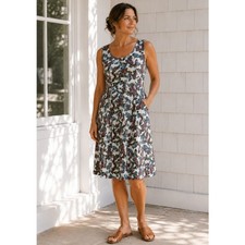 Talbots Butterfly Print MIDI Dress Women 12 Linen Fit Flare Pockets Whimsical