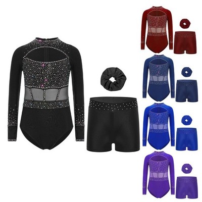 Kids Girls Dancewear Headwear Jumpsuit Cutout Front Romper Training Outfit