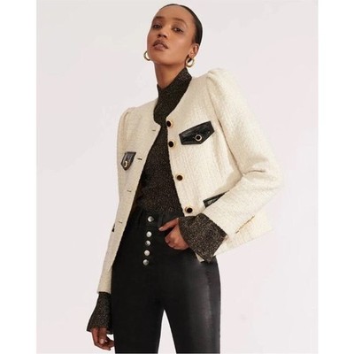 Veronica Beard 4 Leslie Jacket Cream Tweed/Boucle Metallic Faux Leather