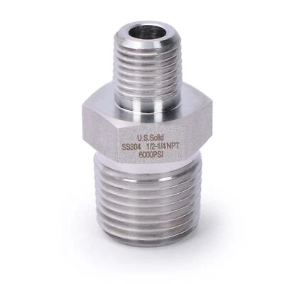 U.S. Solid 304 Stainless Steel Fitting Hex Nipple, NPT 1/2" Male x 1/4" Male