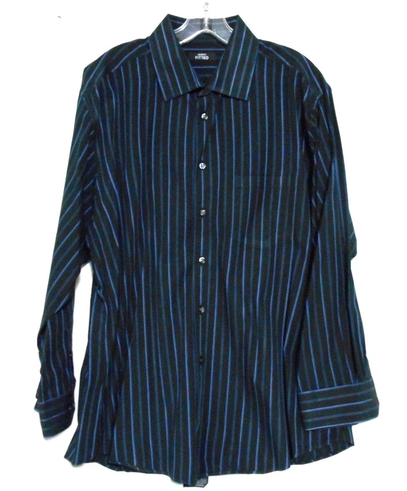 Alfani Mens Fitted Black Blue Stripes Cotton Dress Shirt Sz XL 17 32/33 Academia - Image 2 of 4