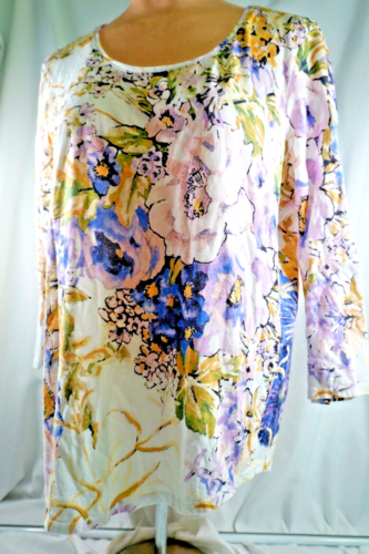 Chico’s white floral 3/4 sleeve scoop neck cotton tee size 12 (Chico’s 2) NWOT