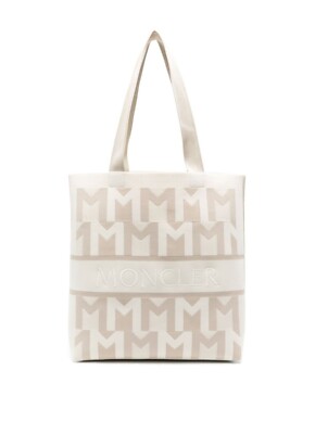 MONCLER Beige Off-White Knit Tote Large Bag Unisex Logo - gorgeous