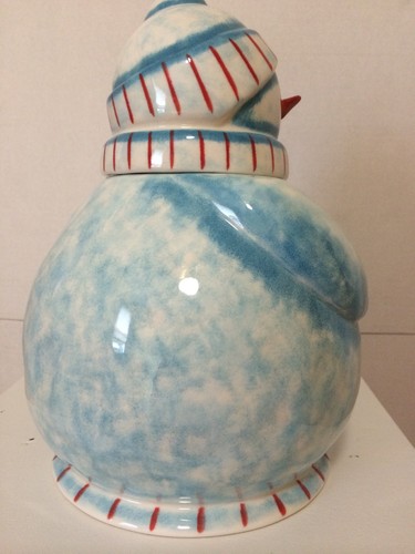 Ceramic Hand Painted Cookie Jar Blue Snowman 12" Tall w Lid Winter Lifestyles - Picture 6 of 11