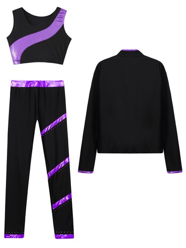 Kids Girl's Sweatshirt Sweatpants Set Patchwork Tracksuits Dance Gymnastics - Picture 17 of 29