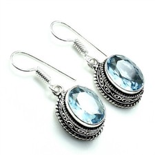 Aquamarine Gemstone Handmade 925 Sterling Silver Jewelry Earrings Size 1"