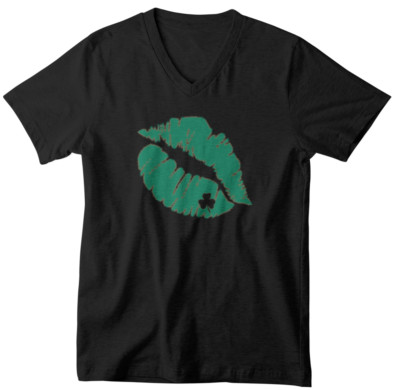 Mens V-neck Kiss St. Patrick's Day Shirt - Green Lips Graphic Tee, Funny Clover