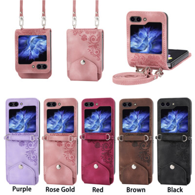 For Samsung Galaxy Z Flip 6 5 4 3 Leather Flip Card Pocket Case Cover W/ Lanyard