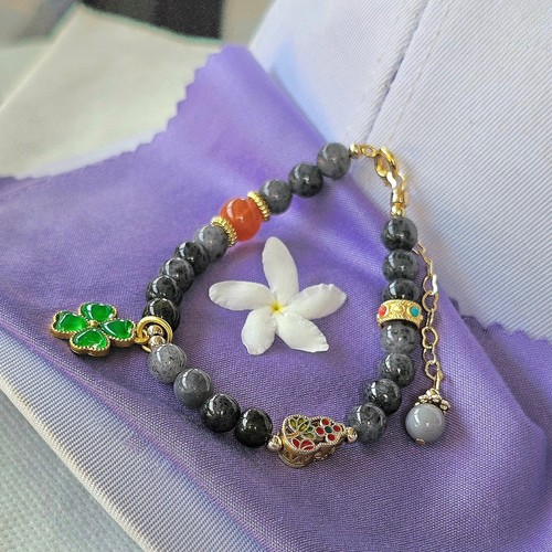 Burmese Chinese Ink Color Jade Bracelet with Silver Charms Natural Jadeite 6.3mm - Picture 5 of 10