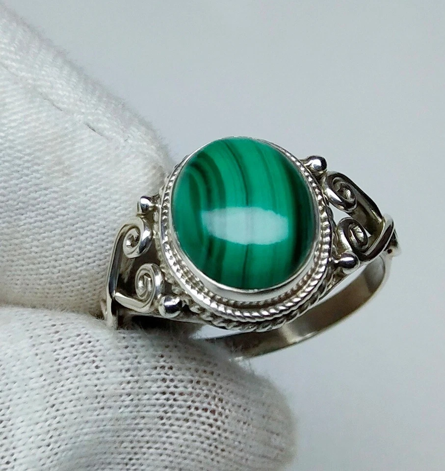 Anel de prata esterlina 925 anel de malaquita anel de pedra preciosa feito à mão joias finas R66 - Imagem 2 de 4