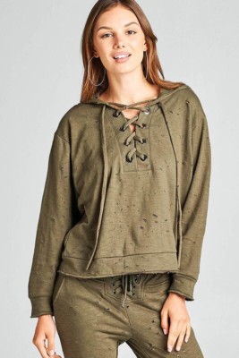 Distressed Destroyed Lace Up Long Sleeve Hoodie Sweatshirt OLIVE SMALL