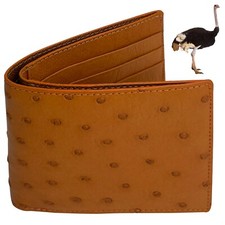 Cognac Real Ostrich Skin Leather Wallet Exotic Men's Bifold RFID Blocking Wallet