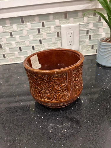 Antique Red Wing Union Brush Ware Pottery Jardiniere Shape Floral Pattern 1920'