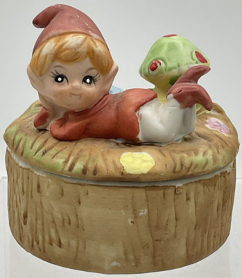 Vintage Homco 5404 Taiwan Pixie Gnome Elf Mushroom Ceramic Lidded Trinket Box