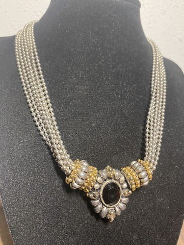 VTG Cookie Lee Necklace Silver Tone Multi Strand Black Faceted Lucite Center - Picture 2 of 15