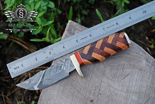 Custom Handmade Damascus Steel Hunting Skinner Knife With Premium Leather Cover, - Bild 5 von 6