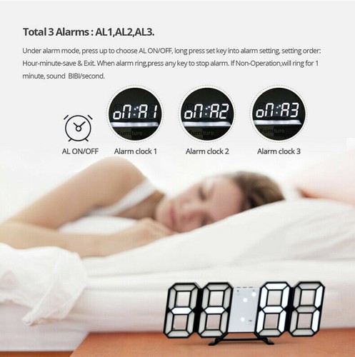 LED Night Wall Clock 3D Digital Alarm Watch Display Temperature Modern USB AA - Picture 5 of 15