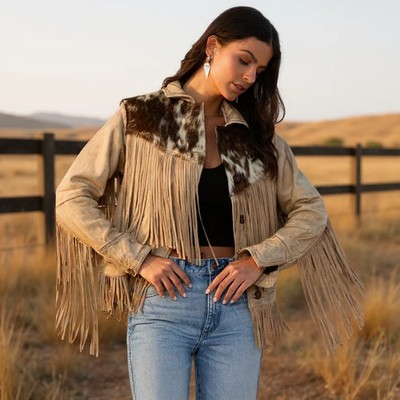 Women Western Style Real Leather Jacket Fringes & Bead- Native Real Leather