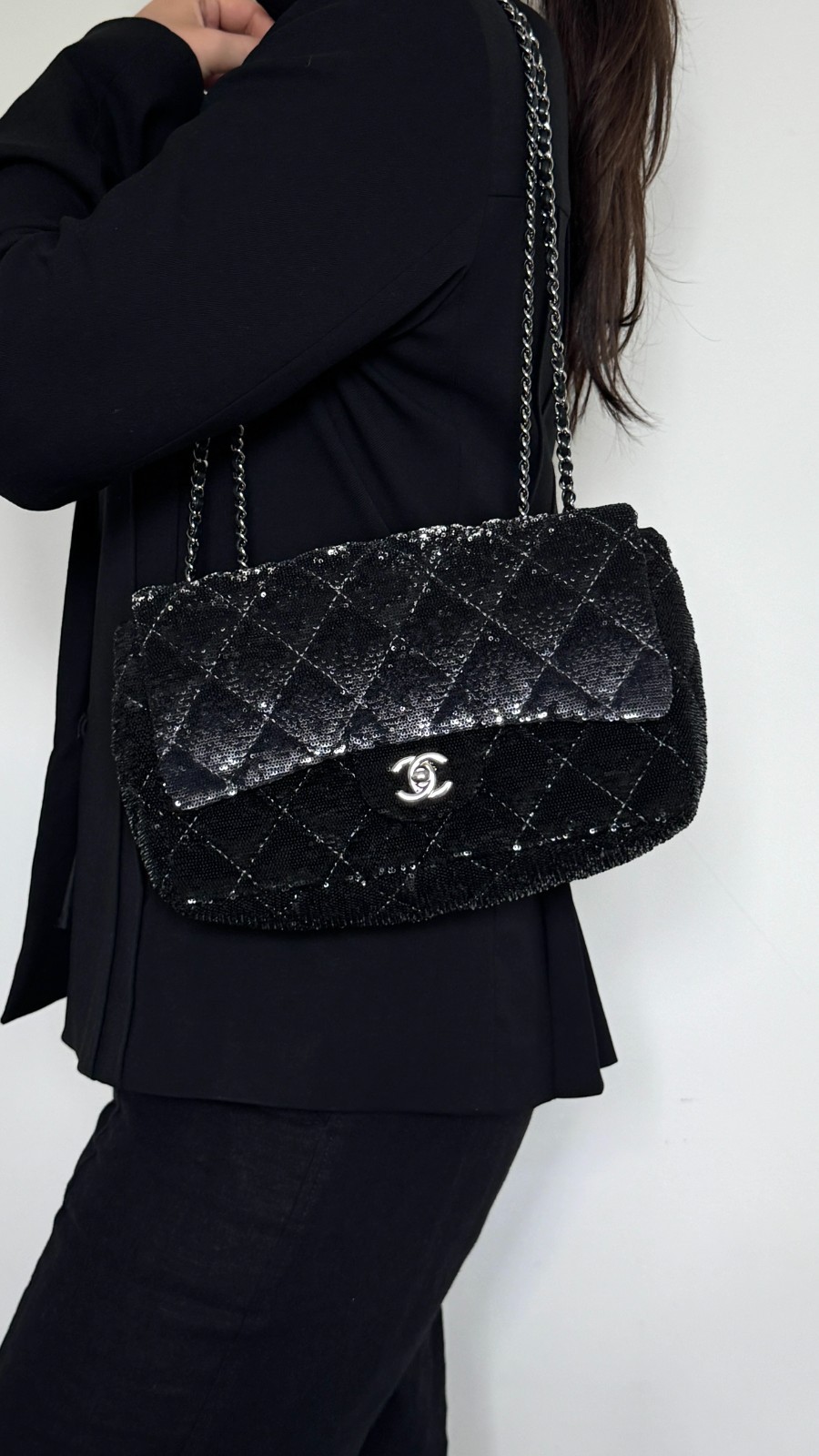 Chanel Classic/Timeless Flap Bag Black Sequin Silver Hardware