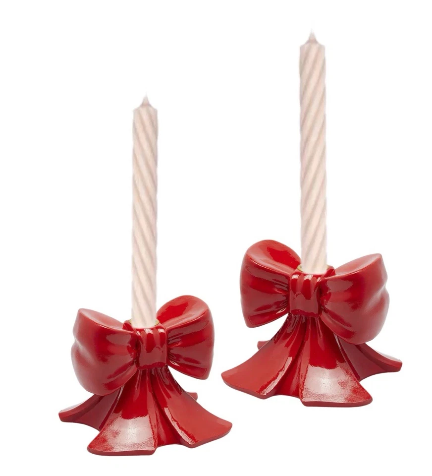 Kerzenständer Set 2 St. Rote Lackschleifen für Stabkerzen Weihnachtlich NEU