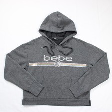 Bebe Sport Hoodie Women s Large Gray Sequin Logo Cropped Thumbholes Pullover Y2K