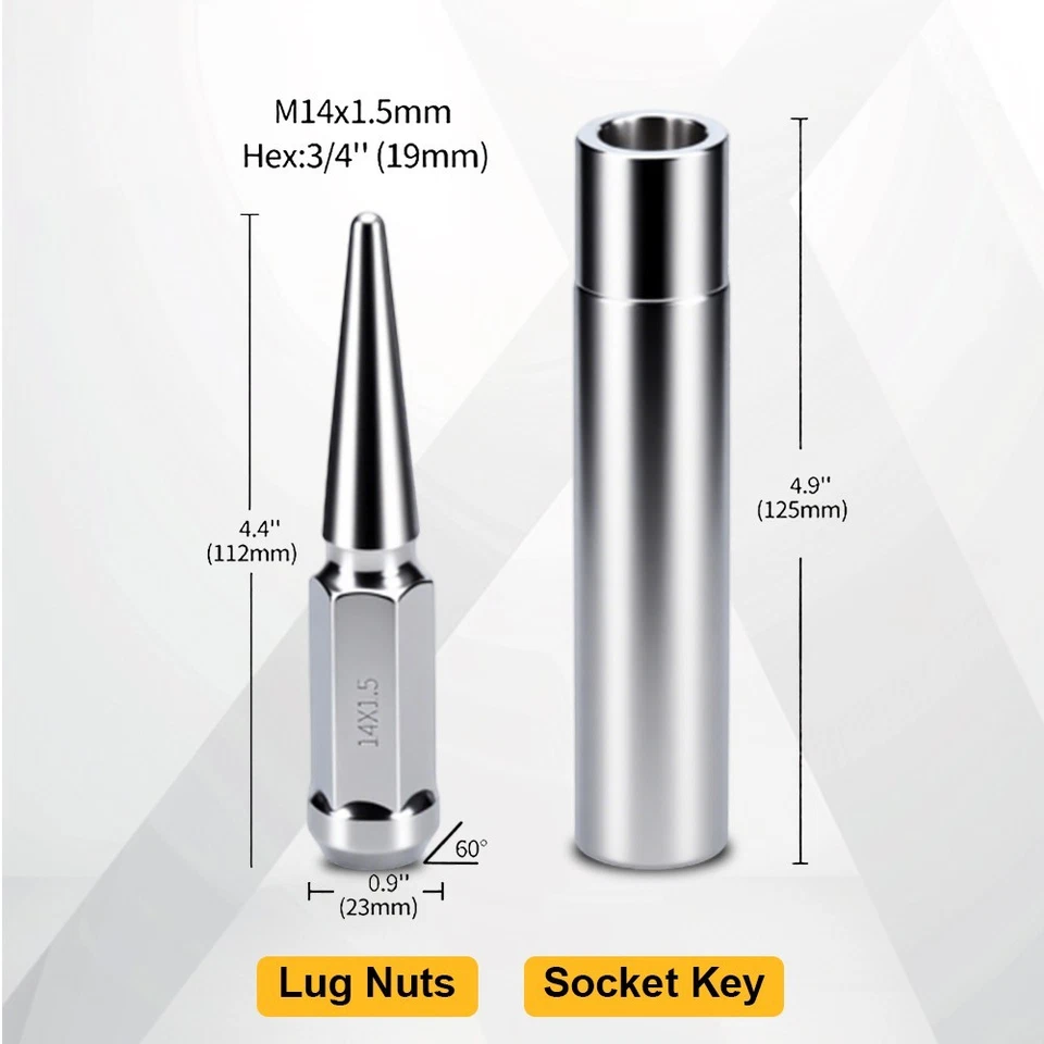 24 PCS 14x1.5 Spike Lug Nuts Chrome For Chevy Silverado Tahoe 4.4" Tall w/ Key Foto 4 de 4